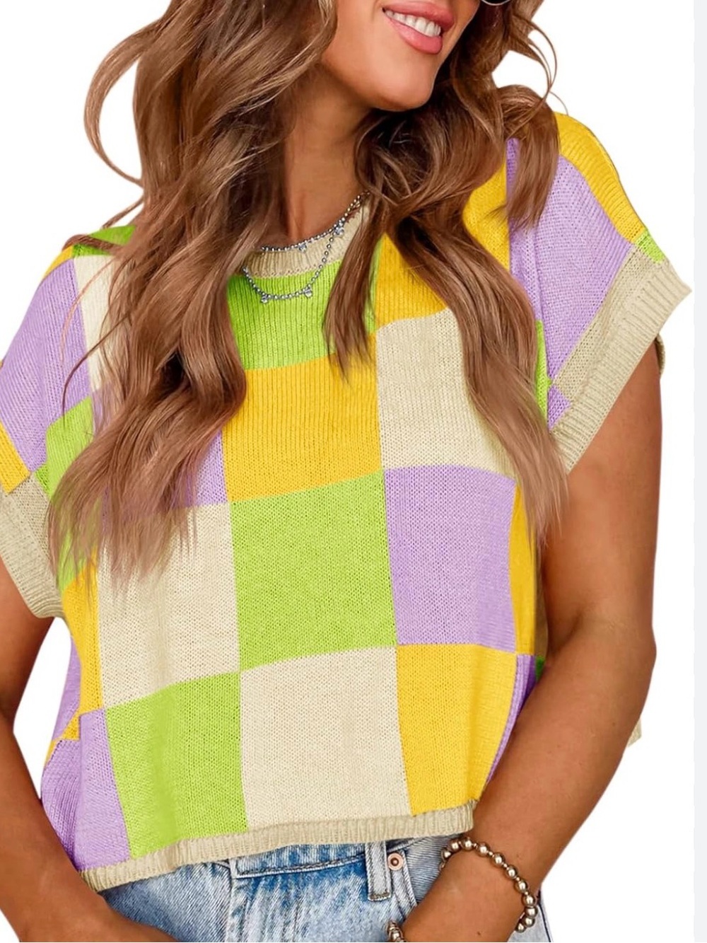 Pastel Checkerboard Knit Sweater Vest Womens Small Lavender Lime Yellow NWOT